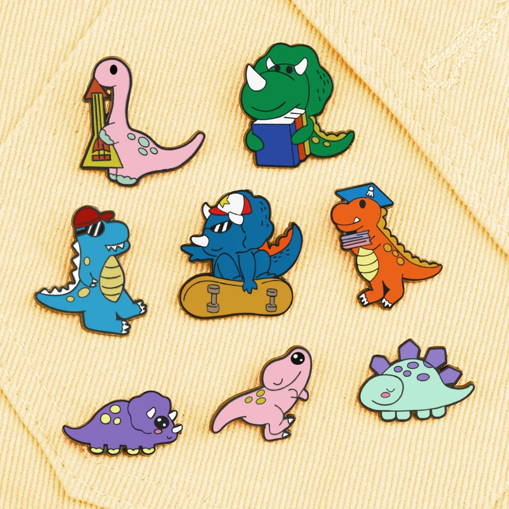 New Arrival 8 Styles Creative Dinosaur Enamel Pins Cool Skateboard Animal Brooches Coat Lapel Pin Badges Jewelry Gift Wholesale