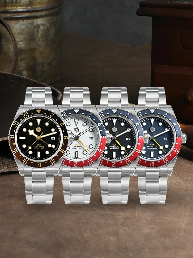 San Martin 39mm 6460 GMT Men Luxury Automatic Mechanical Watch Bidirectional Aluminum Pepsi Bezel Waterproof 10Bar 3H SN0109