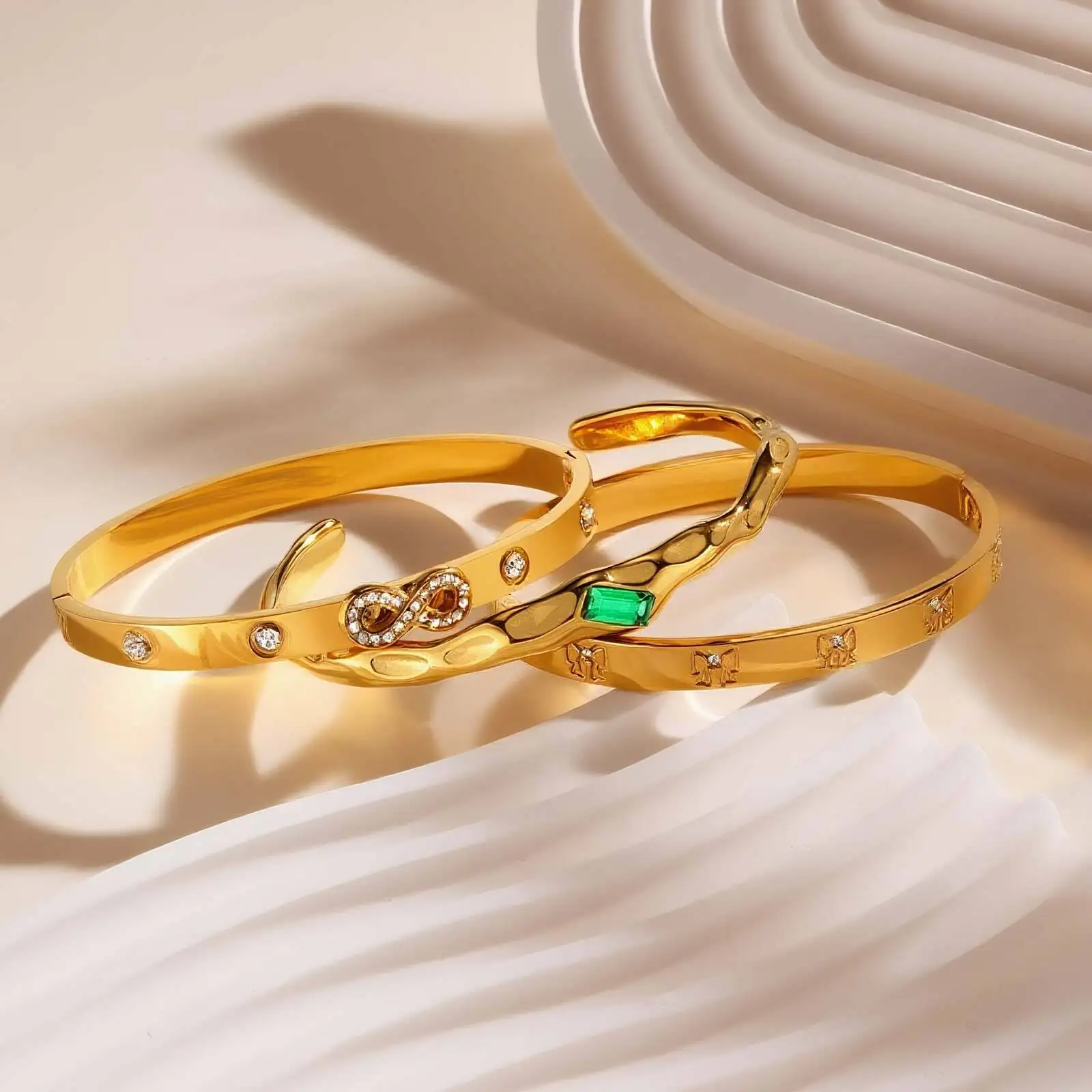 

Vnox Irregular Stainless Steel Cuff Bracelet For Women 18K Gold Plated Green Rhinestone Bangle Trendy Hand Jewelry Set