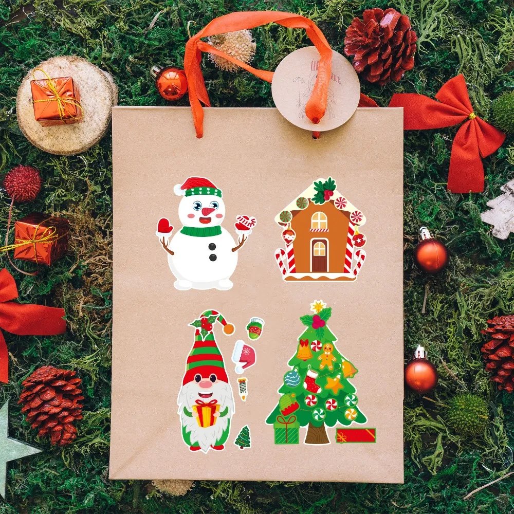 16pcs New Snowman Elk Puzzle Stickers Make a Face Decals Cartoon Christmas Stickers DIY Phone Gift Bag Decor Party Supplies