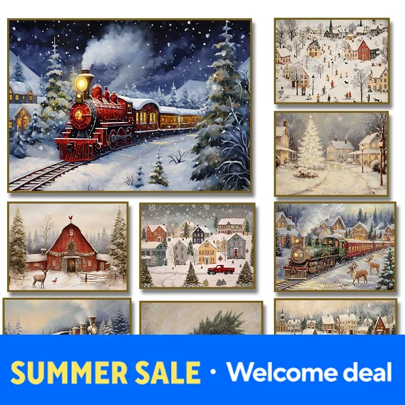 Affiche vintage de train de Noël, hiver, neige, ferme, ville, village, impression sur toile, peinture pour salon, décoration intérieure