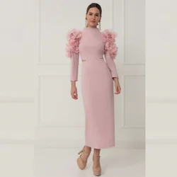 Customized Jersey Flower Pleat Ruched Beach A-line High Collar Bespoke Occasion Gown Midi Dresses