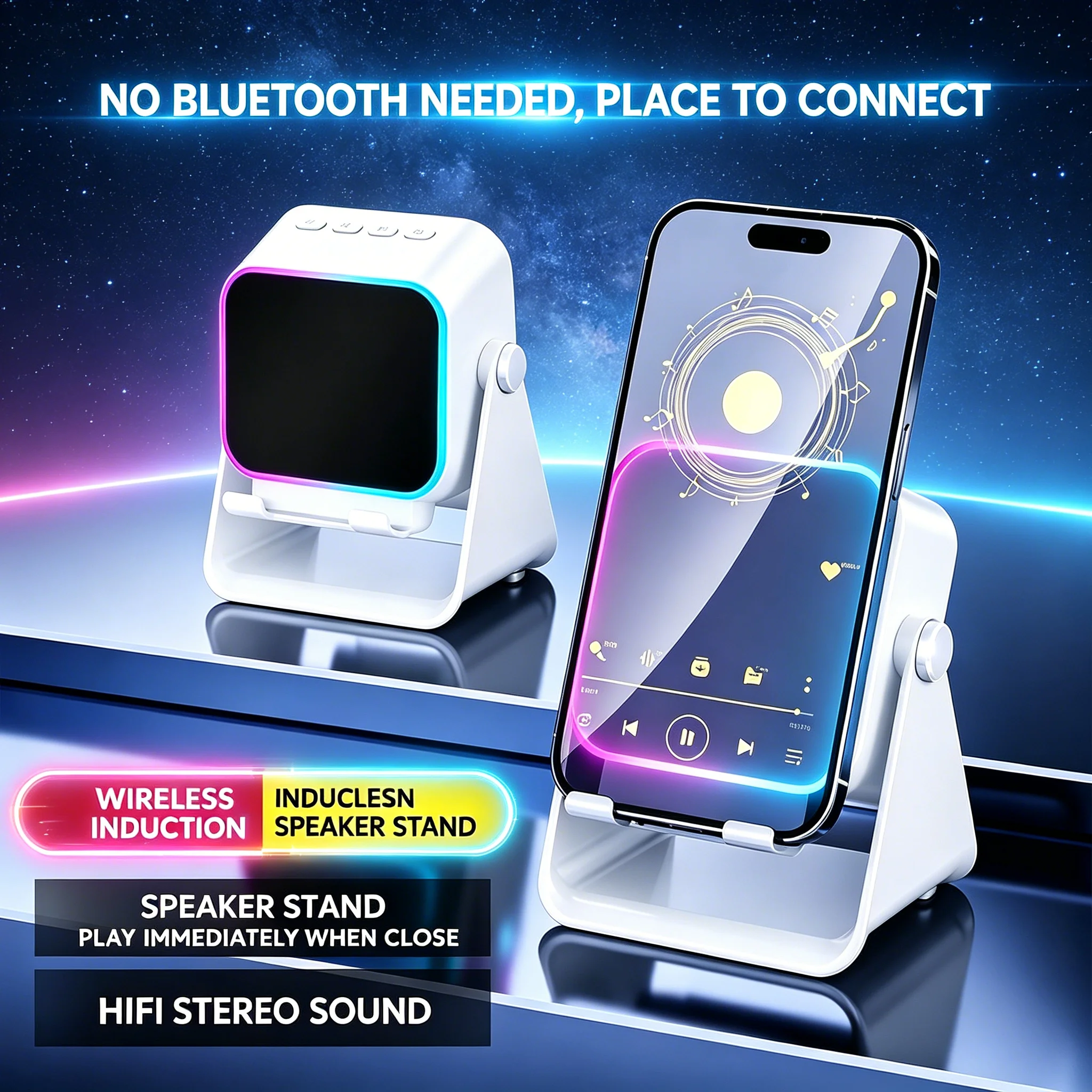 Versatle Induction+Bluetooth Wireless Dual-Mode Speaker Bracket 2-in-1 Rechargeable RGB Ambient Light Subwoofer For Cell Phone