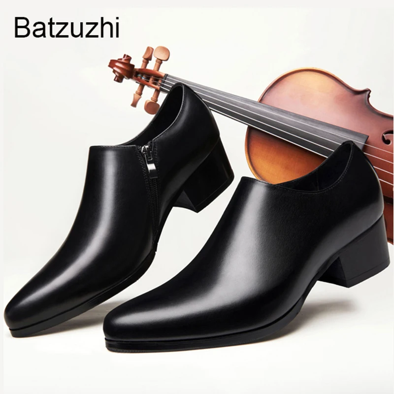 Batzuzhi 5CM High Heels Shoes Men Black Leather Dress Shoes for Men Gentleman Business Leather Shoes Pointed Toe Zip, 36-44