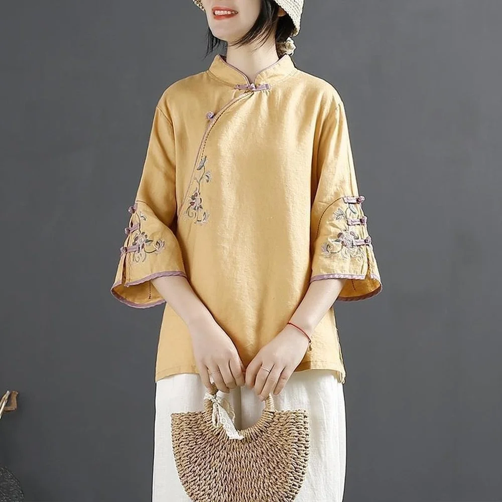 Chemise décontractée de style chinois traditionnel pour femmes, chemisier à demi-manches, vêtements financièrement féminins, grande taille, Hanfu At, printemps