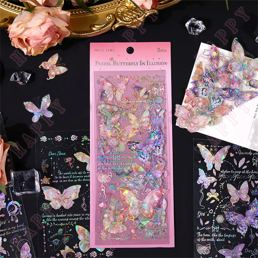 2024 3Pcs Vintage pink Butterfly Decorative Pvc Sticker Handbook Scrapbook Material Label Diary Phone purple Kawaii Stickers