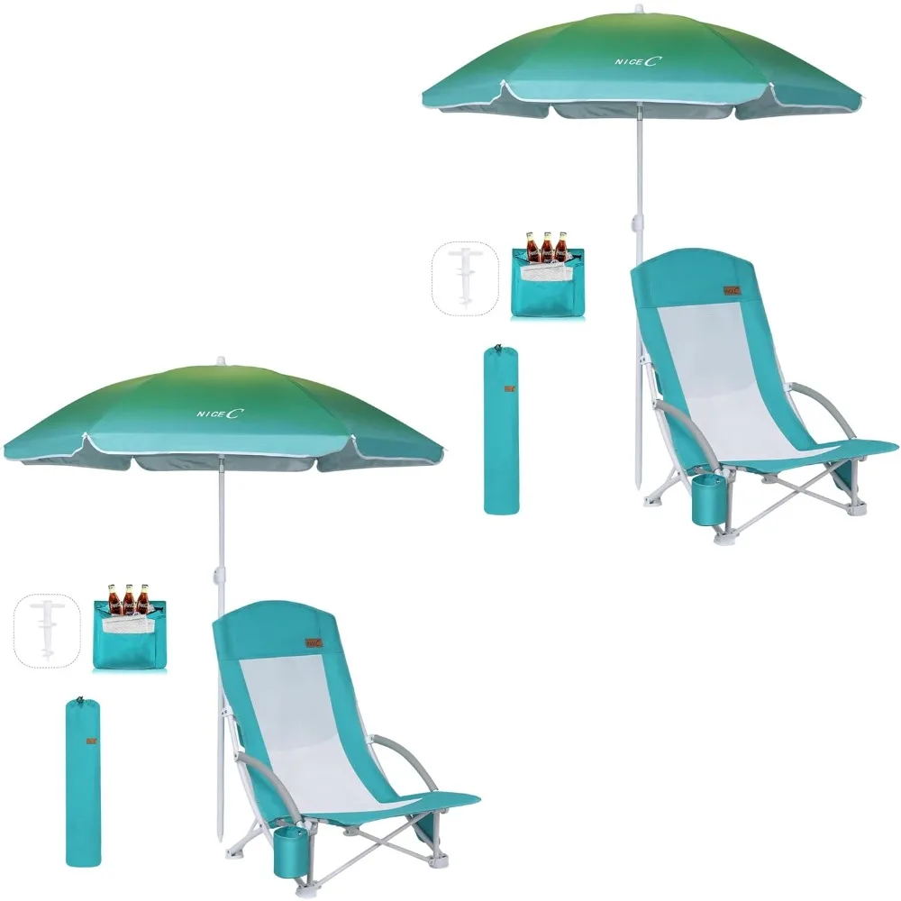 Beach Chair, Beach Chairs for Adults with Umbrella and Cooler, High Back, Cup Holder & Carry Bag & Heavy Duty Compact Outdoor,