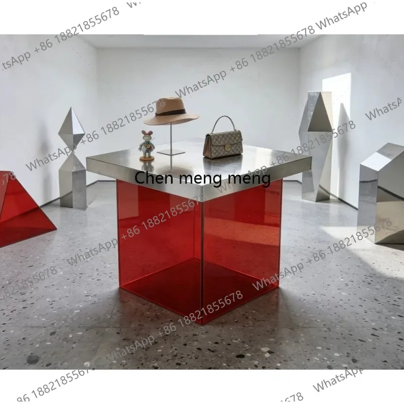 A74Stainless steel acrylic display table, shoe bag, water table display in the middle, simple booth