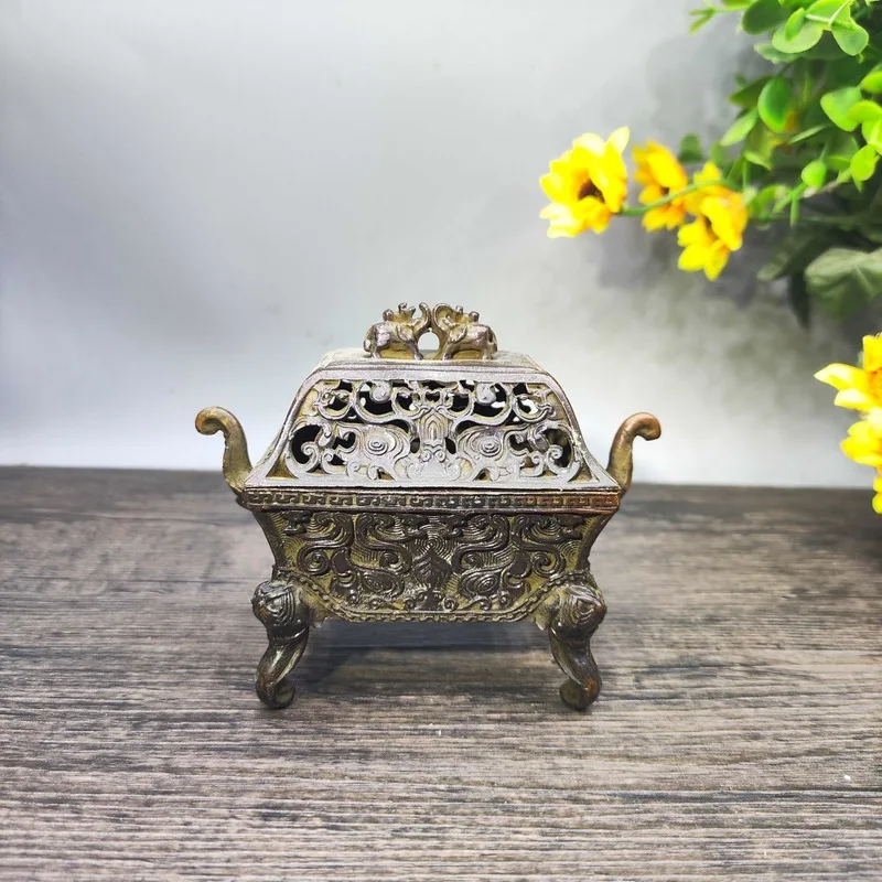 Antique-style double elephant incense burner, four-legged elephant-shaped burner, Chinese retro tea room incense burner, decorat
