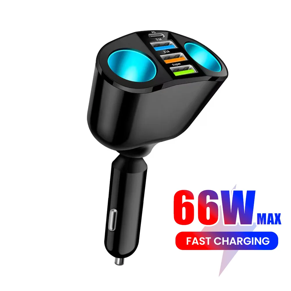 Carregador de carro com carregamento rápido de 66W QC3.0, carregador de celular multifuncional USB tipo C para iPhone, Samsung e Huawei.