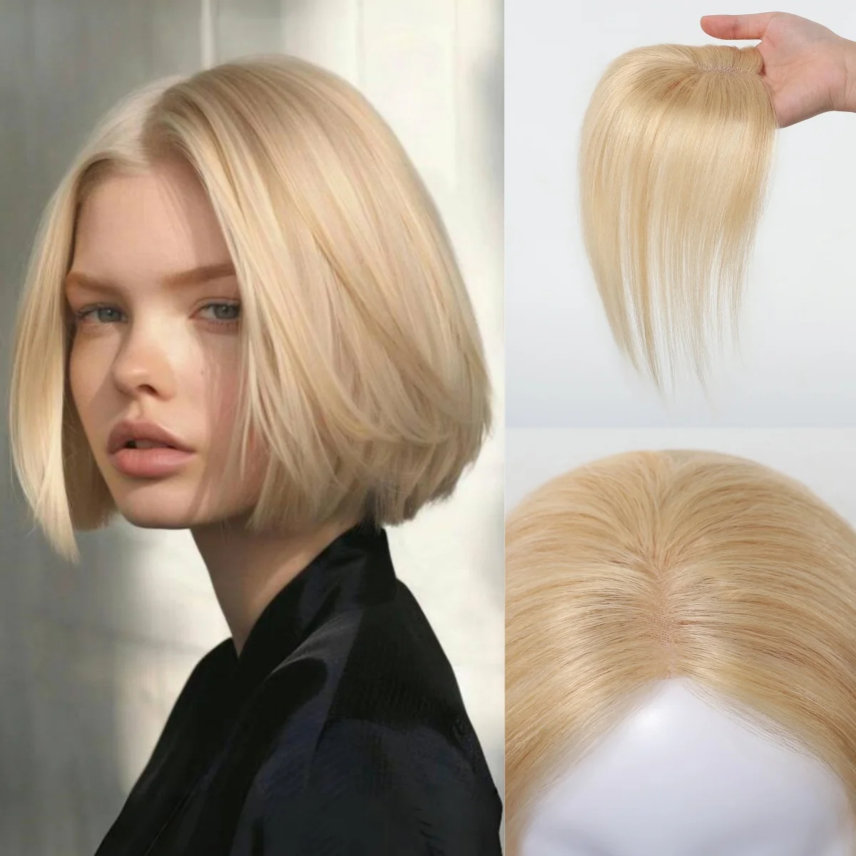 #613 Blonde Human Hair Toppers 6x8cm Silk Straight Hair Pieces 10 Inch Natural Invisible Human Hair Toppers for Women Hair Loss