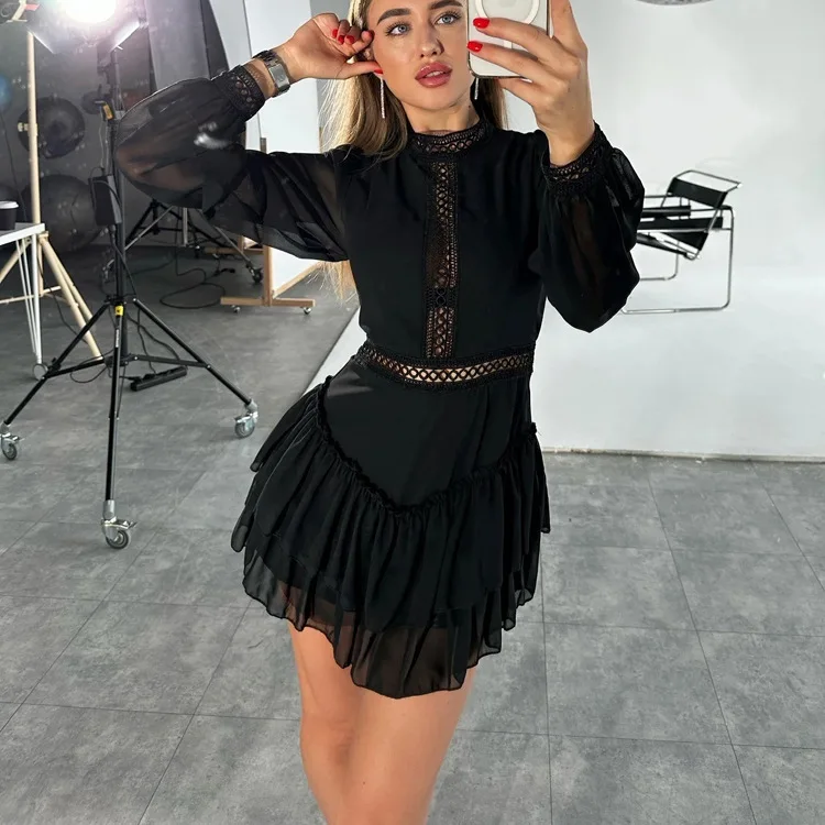 Modisches Loses Schwarzes Damenkleid 2026 Sexy Stehkragen Langarm Mini-Kleider Chiffon Elegantes Klassisches Plissiertes Damenkleid