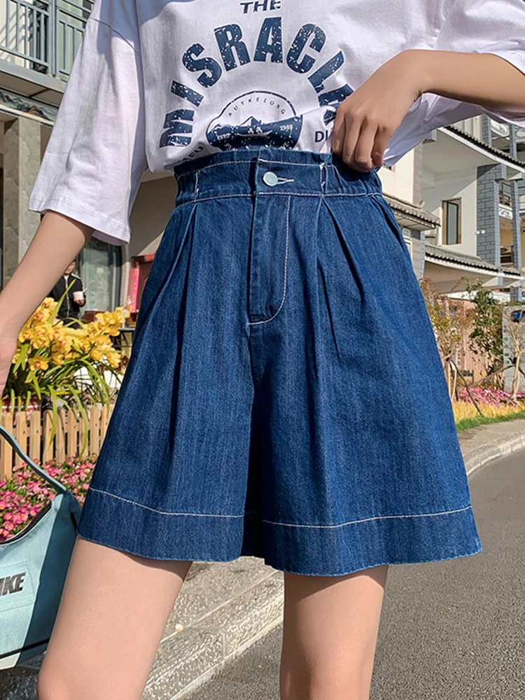 عادية حجم كبير الصيف الدنيم السراويل امرأة فضفاضة واسعة الساق جان السراويل الفضفاضة النساء القطن مرونة الخصر سراويل قصيرة برمودا فام