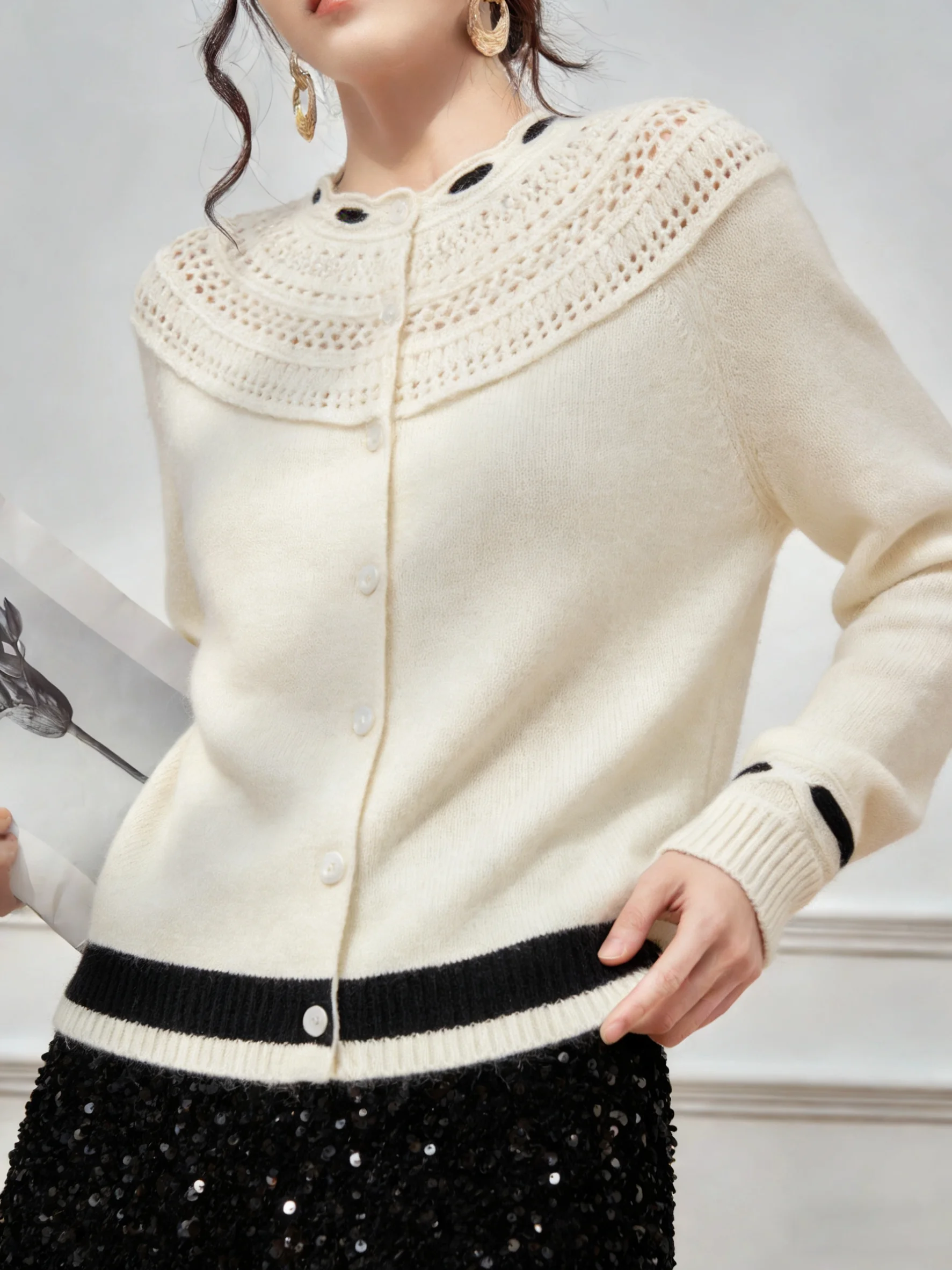 

Ele Knitted Hollow out Cowl Ne Sweater Soft Cozy Open Cardigan Women's Spring Top Anti-Aging Trendy Commute Sle