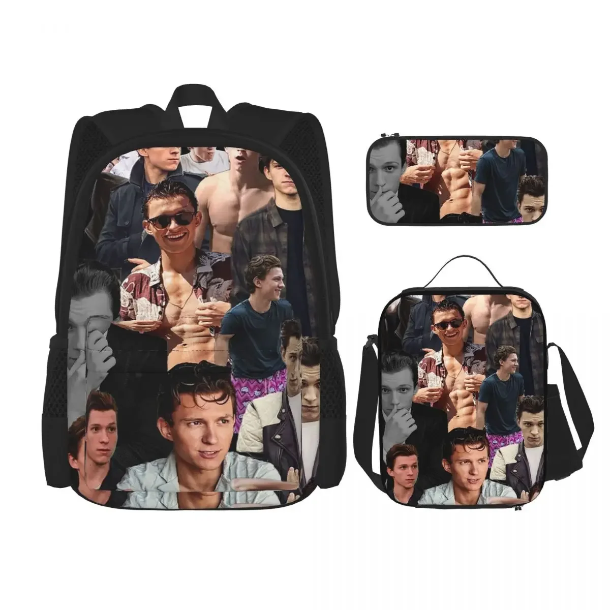 Tom Holland Collage Mochilas para meninos e meninas, mochilas escolares para estudantes, mochila dos desenhos animados, lancheira, caneta, conjunto de 3 peças