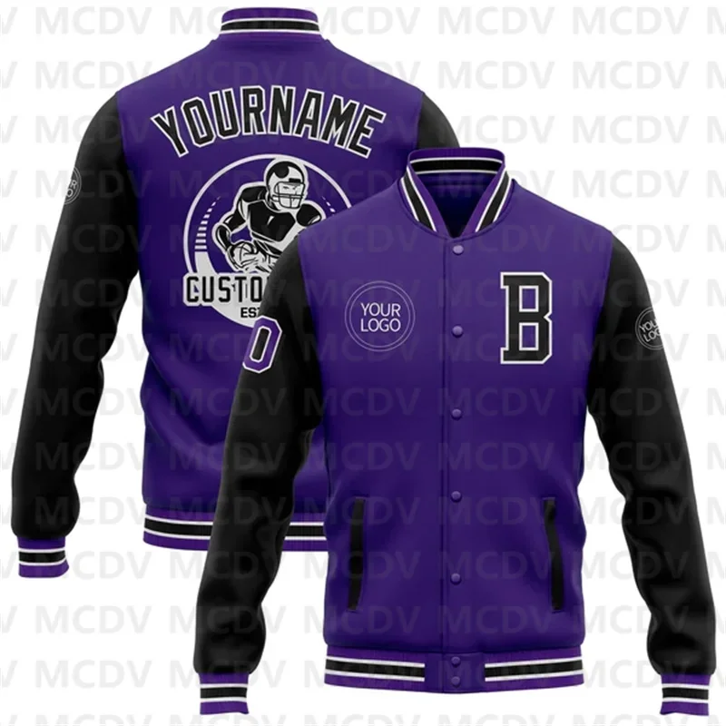 Chaqueta Bomber personalizada de color morado y negro, chaqueta de dos tonos con broche completo, estilo universitario y Letterman