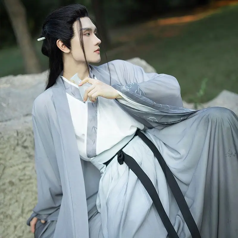 

Комплекты Hanfu большого размера, мужские традиционные китайские принты, сине-серые комплекты из 3 предметов, костюм для косплея на Хэллоуин, наряд для вечеринки, большие размеры 3XL