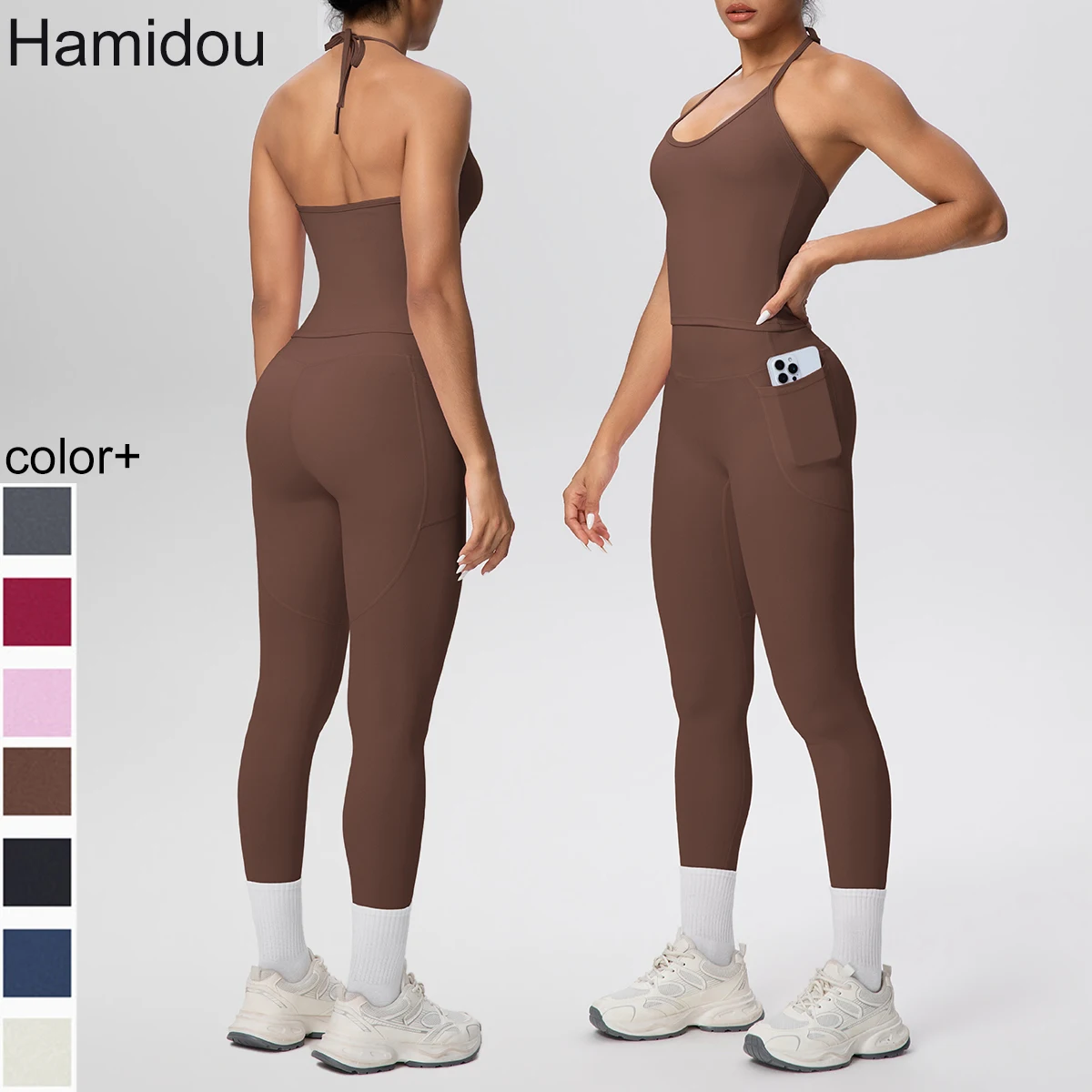 

Женская спортивная одежда, костюм для йоги, красивая спина, противоударный топ для тренировок, бюстгальтер с лямкой на шее, с высокой талией, быстросохнущие брюки с карманами для фитнеса, комплект