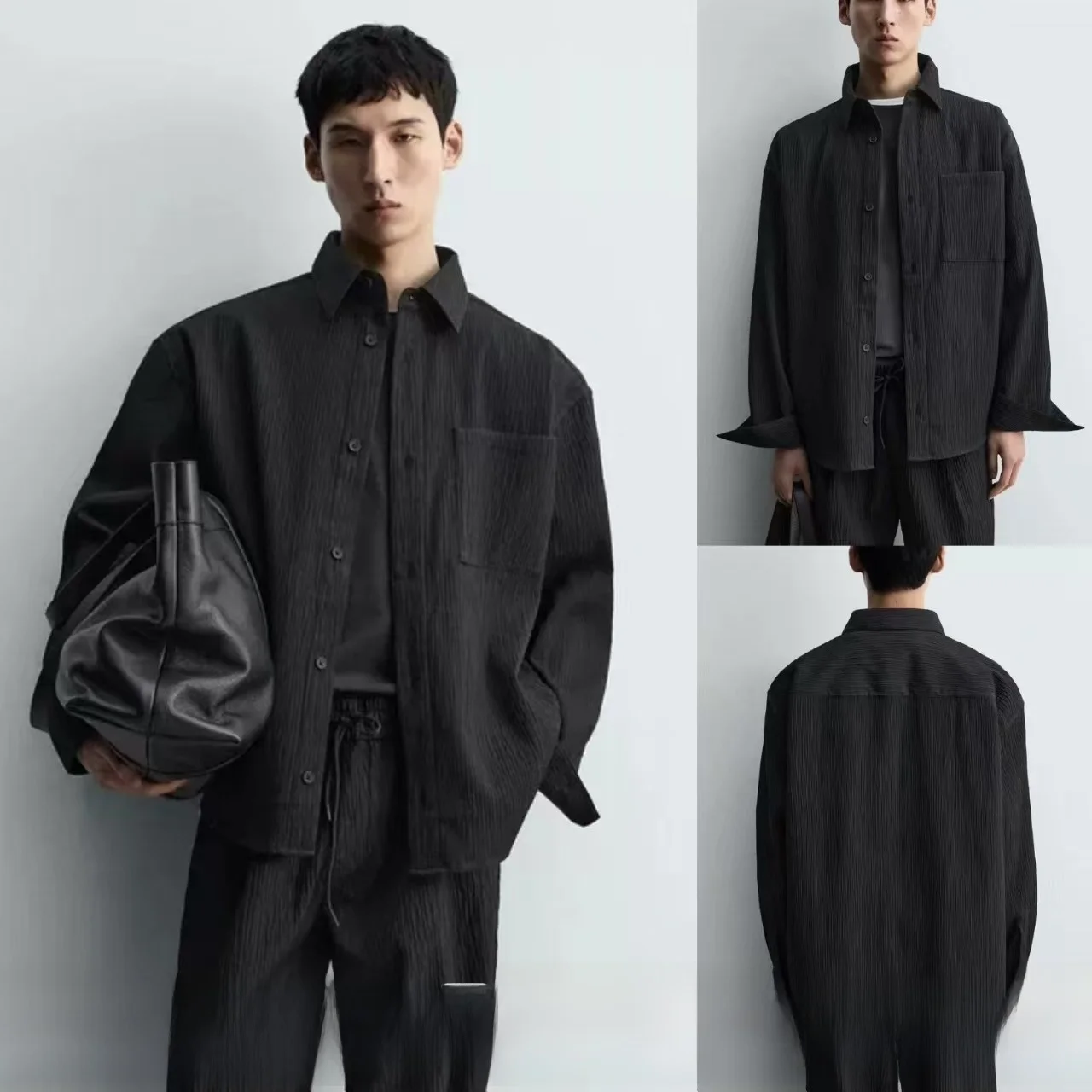 

Spring New Casual Loose Long Sve Bla irt Jaet Men's Faion Stand Collar Button down Single Color Polyester Material