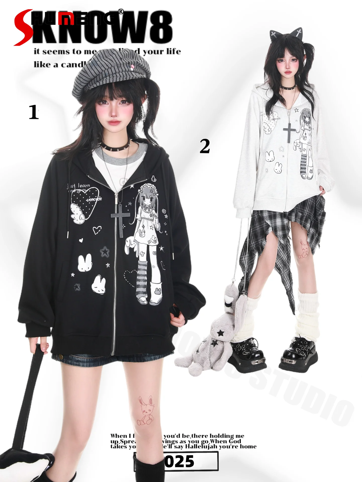 

Original Japanese Subculture Retro Sweet Cool Girl Anime Hoodies Printed Loose Casual Zip-up Sweatshirts Jackets Women Autumn