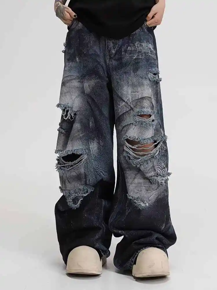 بنطلون جينز نسائي فضفاض Y2k الجرونج ممزق هاراجوكو بنطلون جينز عتيق كبير الحجم ملابس هيب هوب على الطراز الياباني 2000s #2