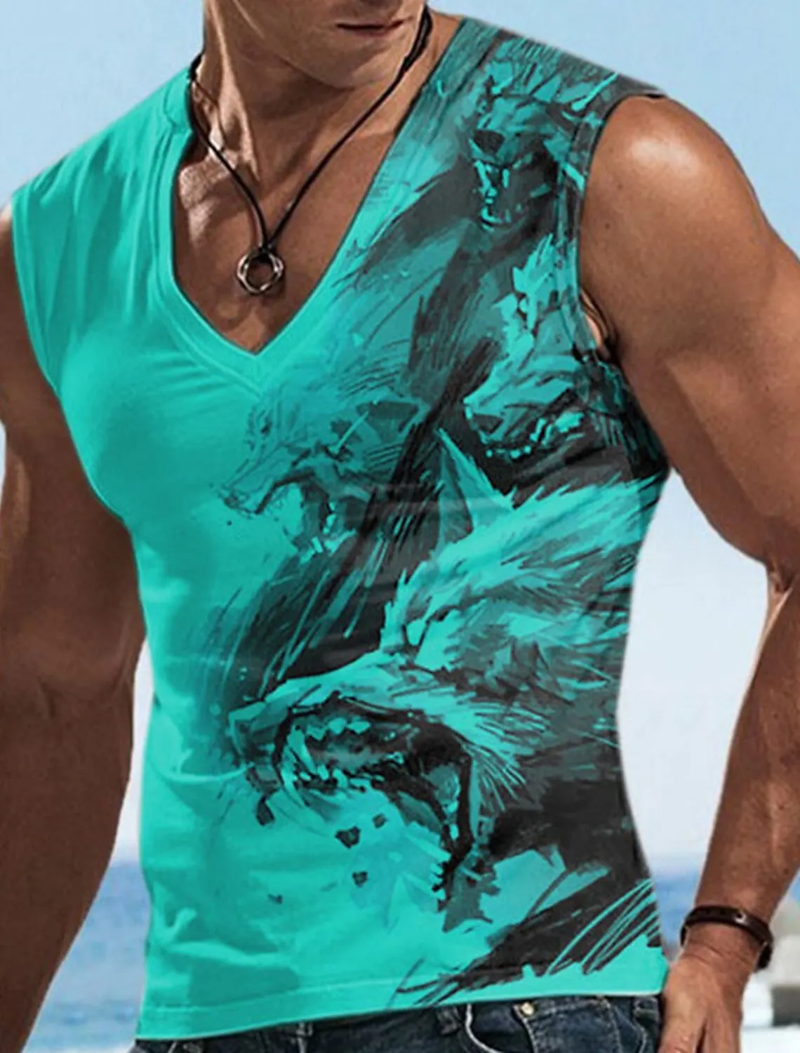 Fashion Design Sleeveless Print Summer Men\'s Lion Pattern Sleeveless Print V Neck Breathable Bottom Shirt Fitness Tank Top