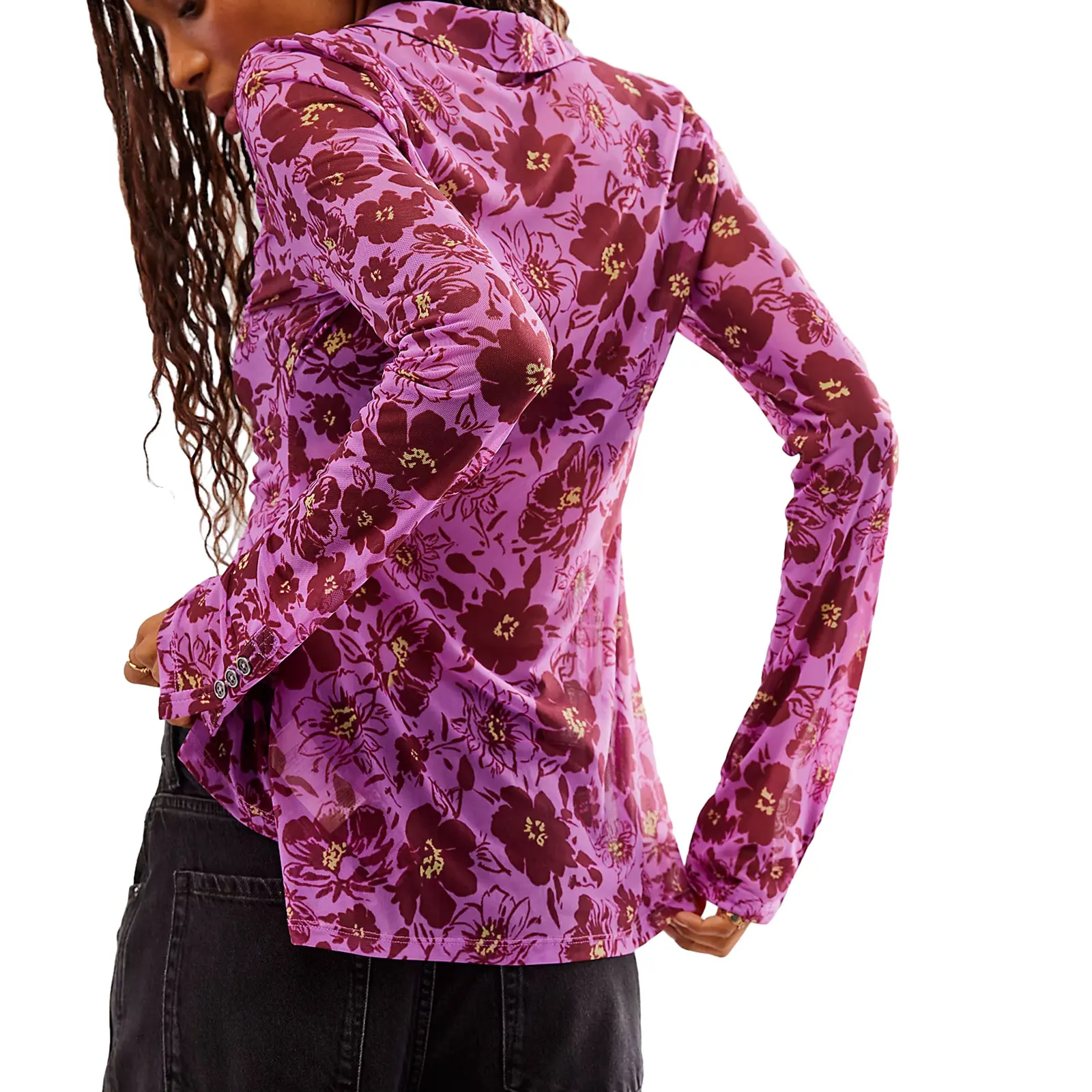 Dames Y2K V-hals met knopen, lang shirt, casual bloemenprint, ruches, blouse met lange mouwen, ingerichte werktops voor streetwear