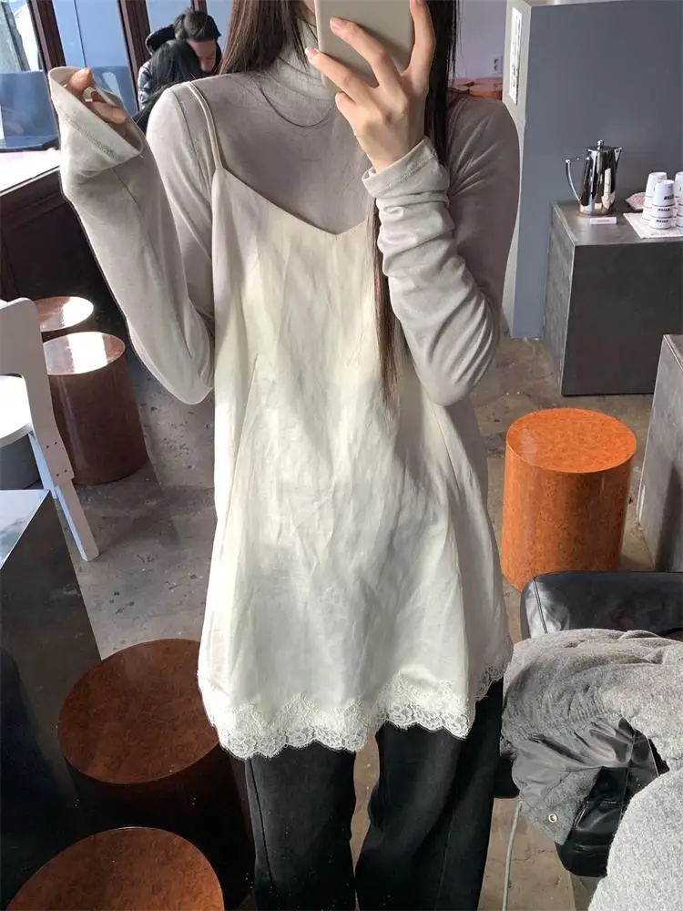 

Корейский элитный кружевной топ с вставками и уникальным дизайном, многослойный, на бретельках, для женщин, весна, с юбкой А-силуэта с высокой талией