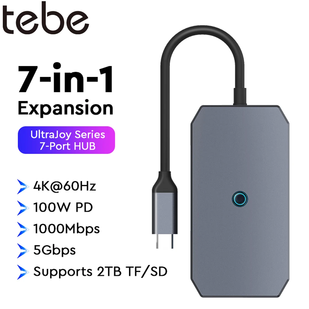 

Tebe 7 IN 1 USB-C Docking Station Type-c to 4K@60HZ HDMI-adapter Gigabit Ethernet USB 3.0 SD/TF Card Reader Splitter USB C Hub