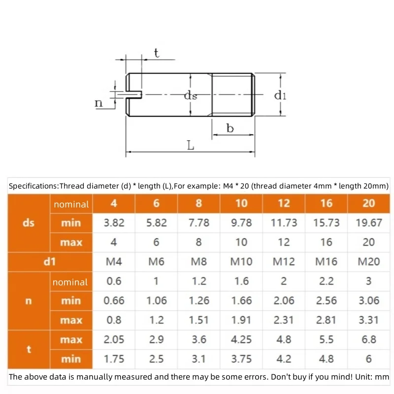 1-5pcs M4 M5 M6 M8 M10-M20 45# Steel Outside Thread Solid Dowel Pin Slotted Head Positioning Roll Shaft GB878