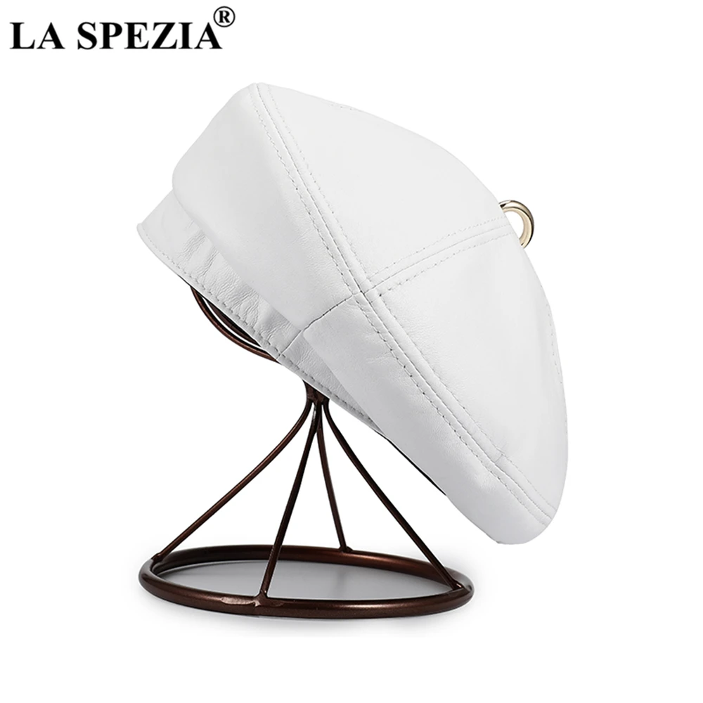 LA SPEZIA Women Beret Hat Vintage Red Womens Hats Genuine Leather Sheepskin Solid Red Blue White Black Autumn Winter Hat