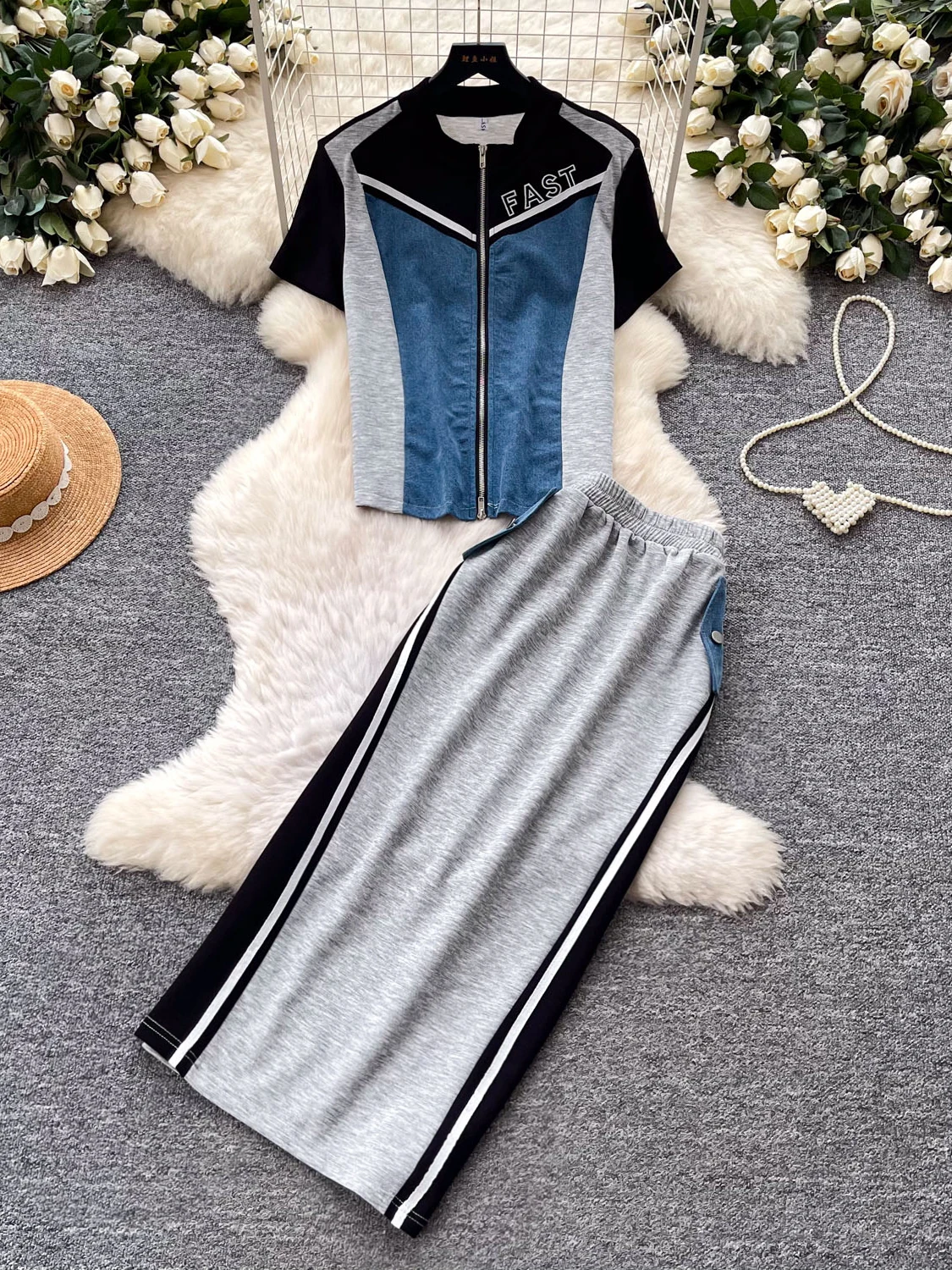 

Fashionable Color Block Stripe High Waist Casual Short Sleeve Two Piece Set Women's Summer Slimming Commute Popular Set