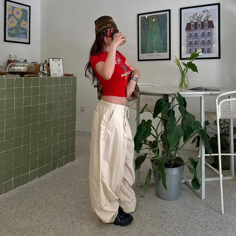 

Women Solid Khaki Wide Leg Pants Fashion Drawstring High Waist Pleated Loose Casual Straight Trousers Streetwear Bottoms