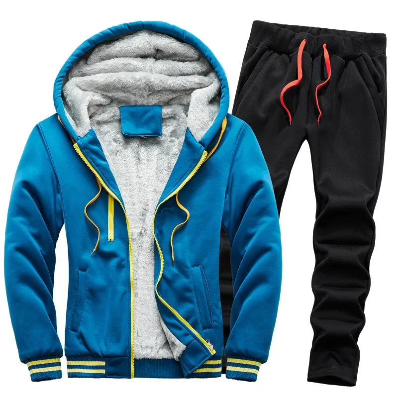 Immagine 3: Completi da uomo invernali, giacca calda e spessa con cerniera e cappuccio, felpa con cappuccio e pantaloni, abbigliamento sportivo di marca, capo casual in pile, felpa con cappuccio.