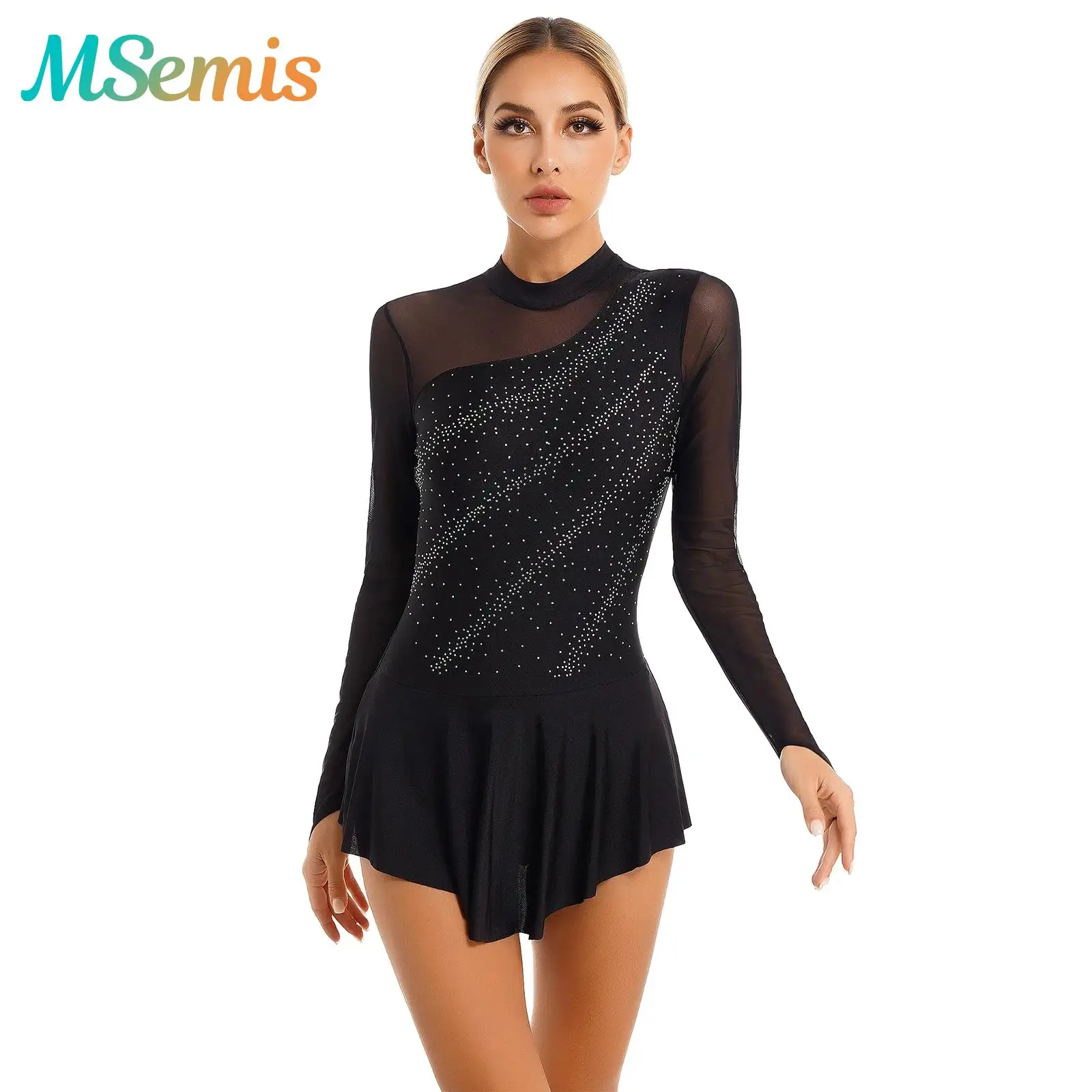 

Womens Shiny Rhinestone Gymnastics Ballet Jersey with Sheer Skirt Artistic Figure Skating Costume Lyrical Dance Tights Dress