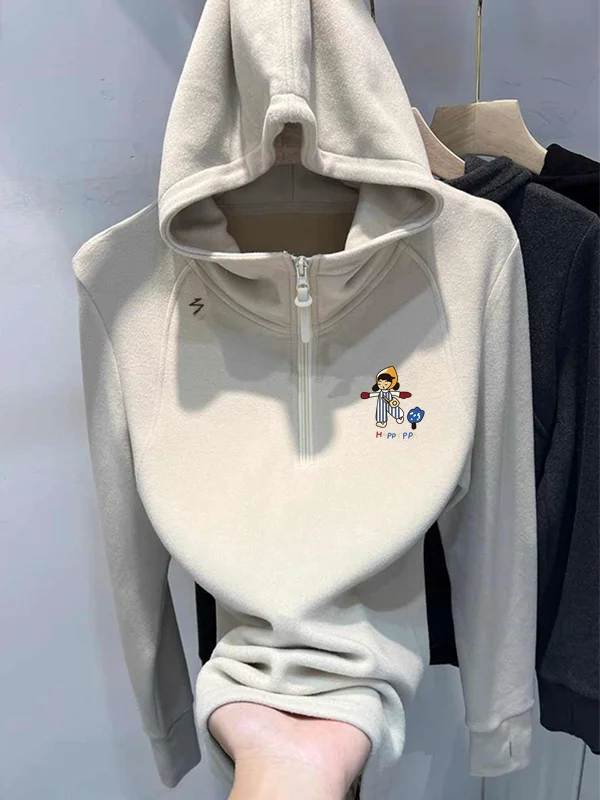 Felpa Invernale con Design Cartoon, Doppio Strato in Velluto, Manica Lunga, con Zip e Cappuccio, Stile Coreano