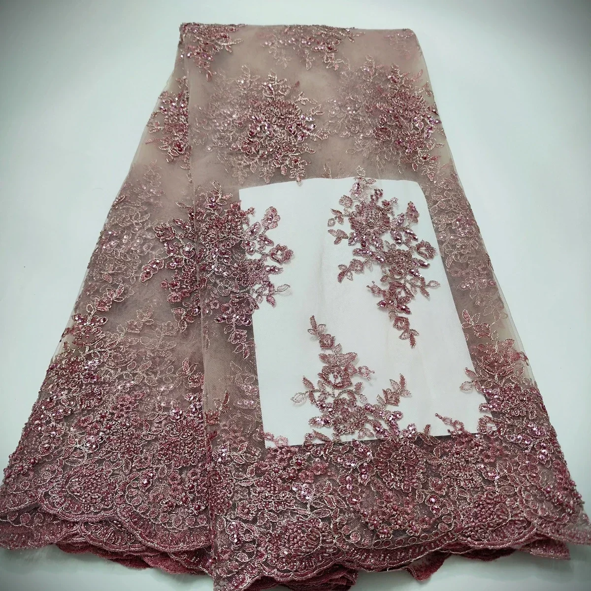 Luxury Pink French Handmade Beads Tulle Lace Fabric 2024 High Quality African Sequins Lace Fabric For Wedding Dress Sew KWH23109