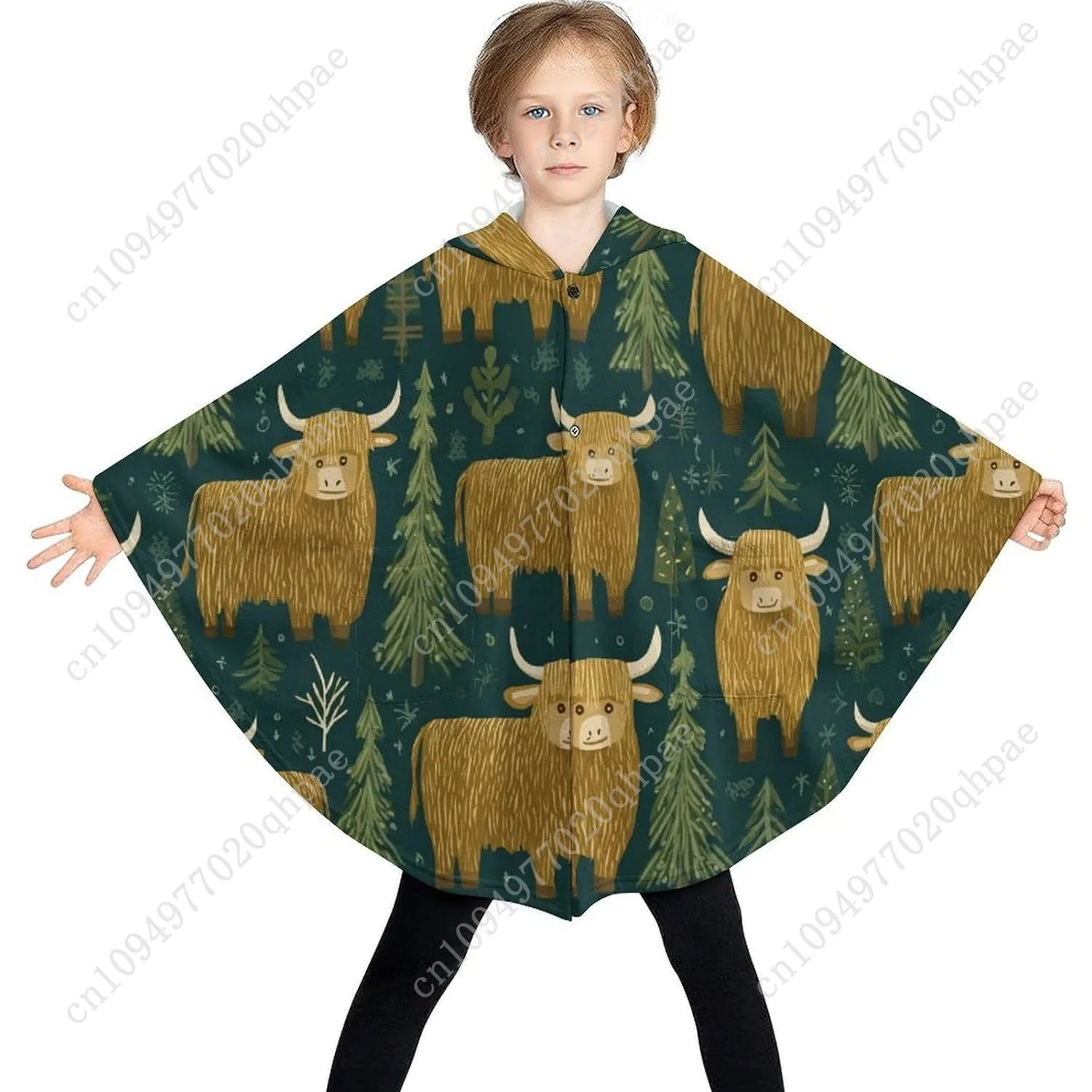 Comodo maglione coperta in flanella, felpa con cappuccio oversize con motivo mucca e alberi con tasche per bambini e adolescenti