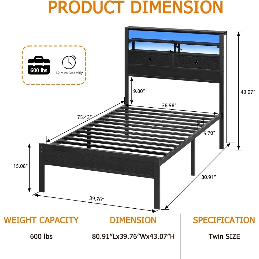 Bed Frames with Charging Station and LED Lights, Black Oak