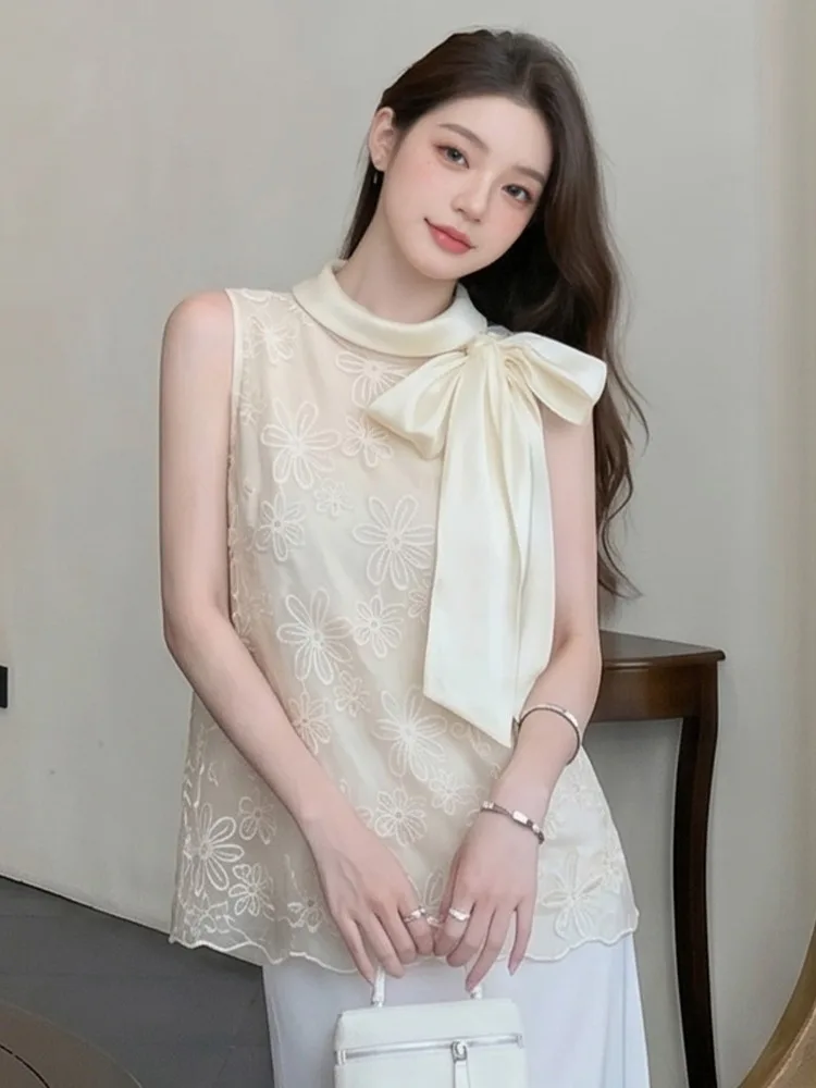 

Sweet Summer New Style Women's Lace Vest Gentle Wind Design Knot Loose Fit Sleeveless Top Net Shirt City Walk Fashion
