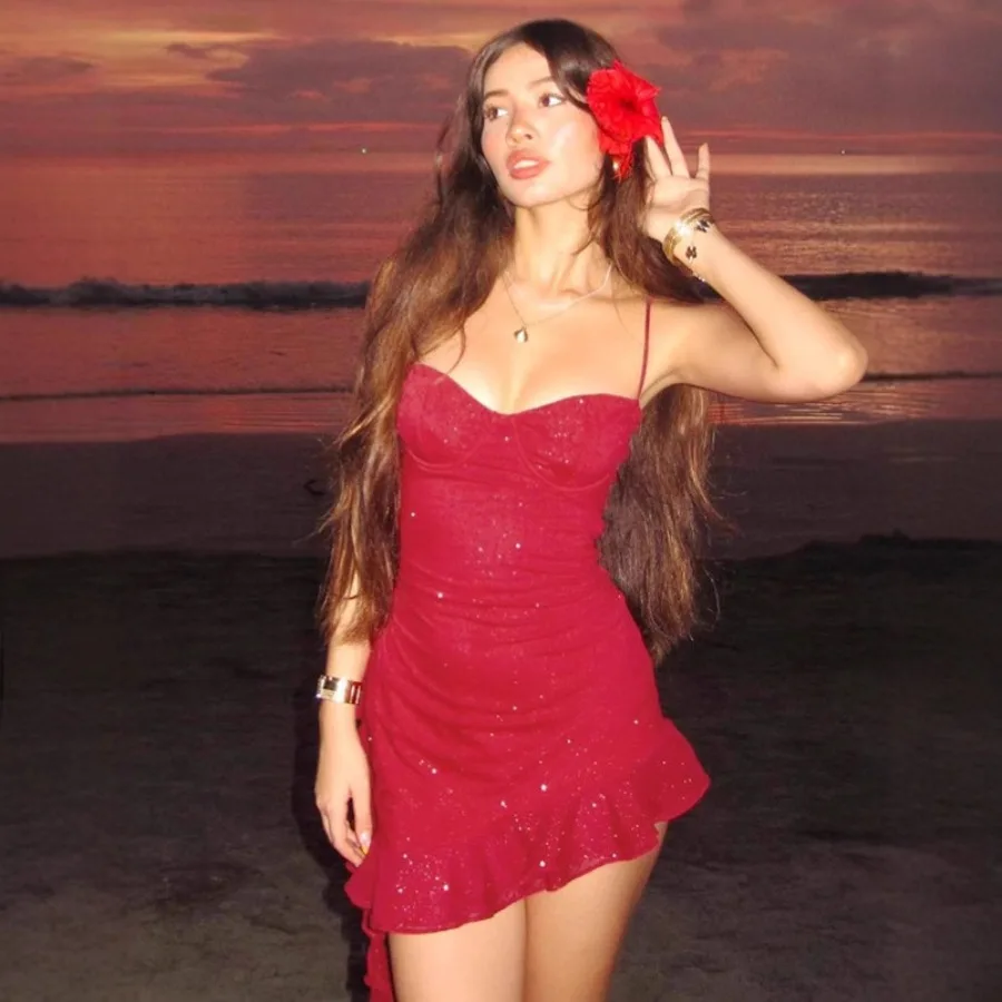 

【New style】2026 new women's clothing sexy mesh irregular streamers slim halter slings and short skirts for women