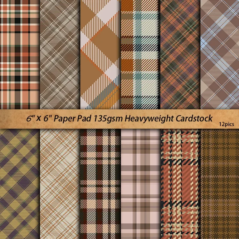 A5 Size 12Pcs Retro Mocha Coffee Plaid Papers DIY Scrapbooking Material Origami Decorative Paper Album Background Craft Supplies