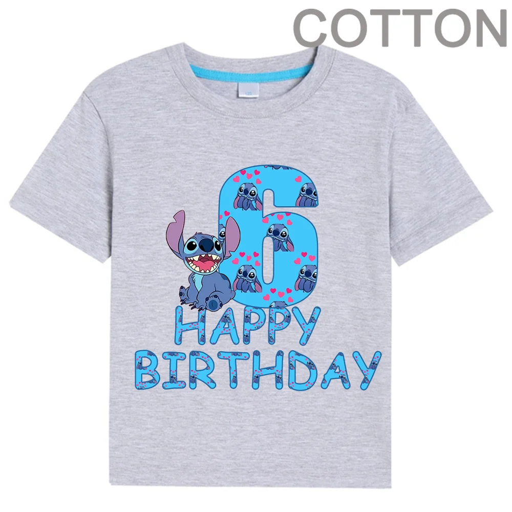 Gray Lilo Stitch Children Birthday Number 1-15 T Shirt Kid Kawaii Boy Girl Casual Clothes Anime Cartoons Kids T-shirts Tops Tee