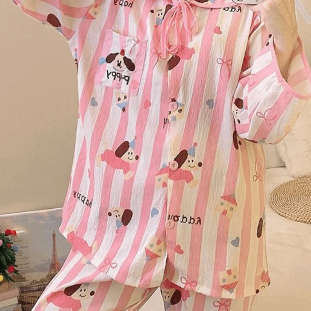 موضة الوجه طوق شريط منامة مجموعة البطريق الكلب طويلة الأكمام منامة ملابس منزلية غير رسمية الحلو منامة دعوى النساء