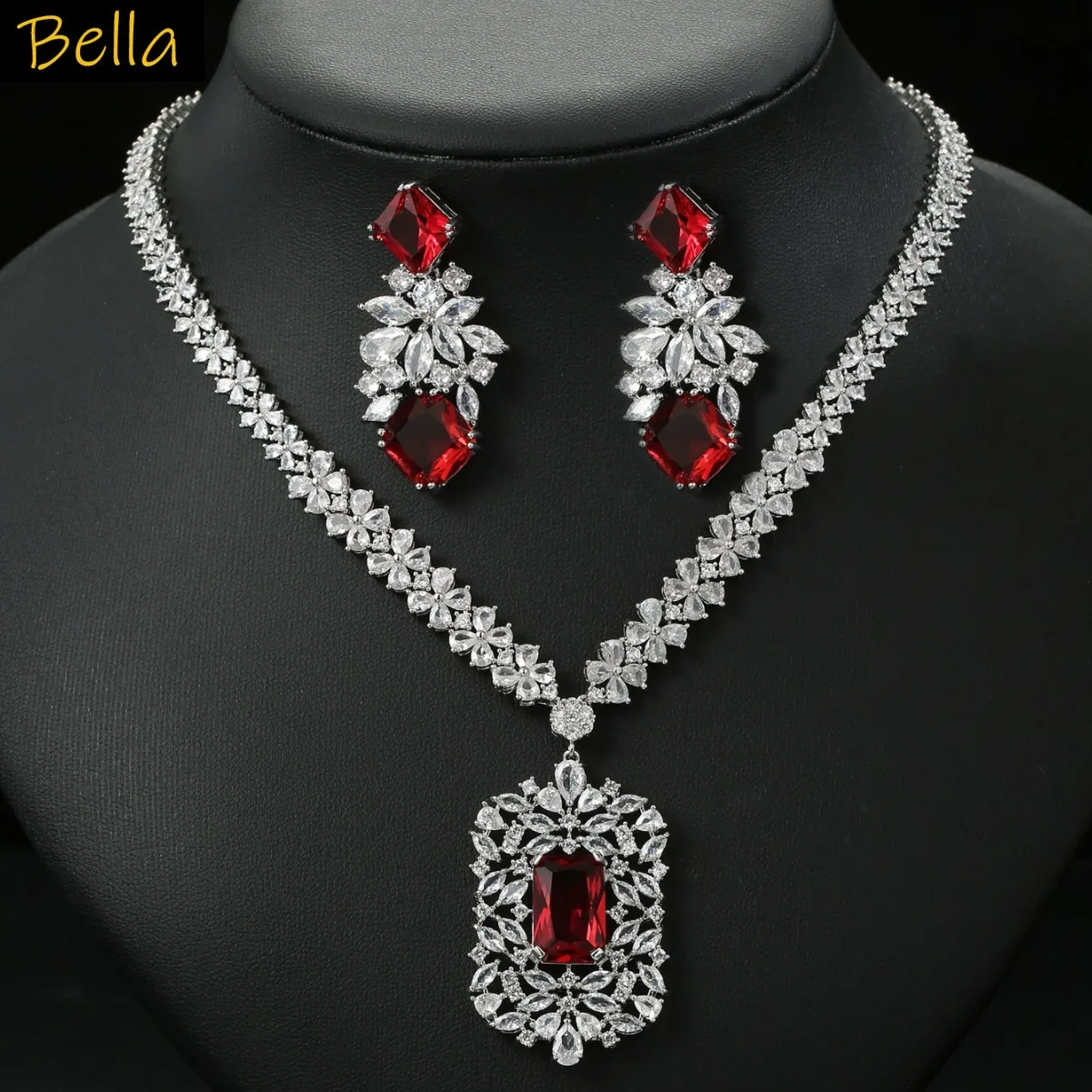 

gorgeous jewelry sets zirconia necklace earrings large pendant yellow red blue green white jewelry set wedding dinner party gift