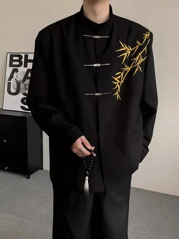 

Новый китайский костюм с вышивкой, мужской пиджак на весну-осень, пальто с воротником-стойкой Zhongan, модный бренд Haome, для свадьбы, для взрослых