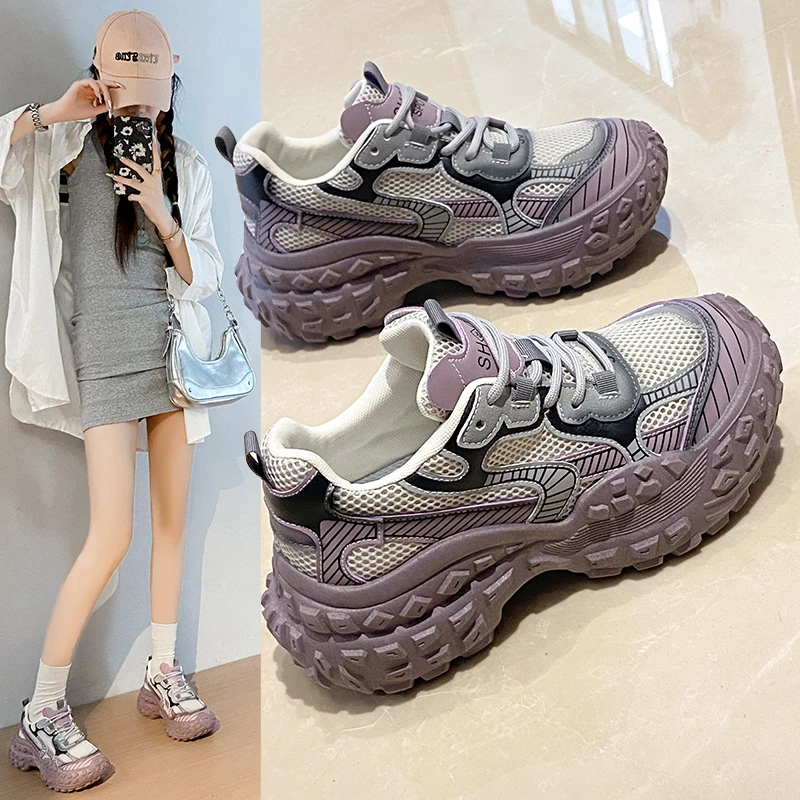 Air Mesh Genuine Leather Chunky Sneaker Comfy Summer Flats Boots Mixed Color Fashion Sandals Women Breathable Shoes