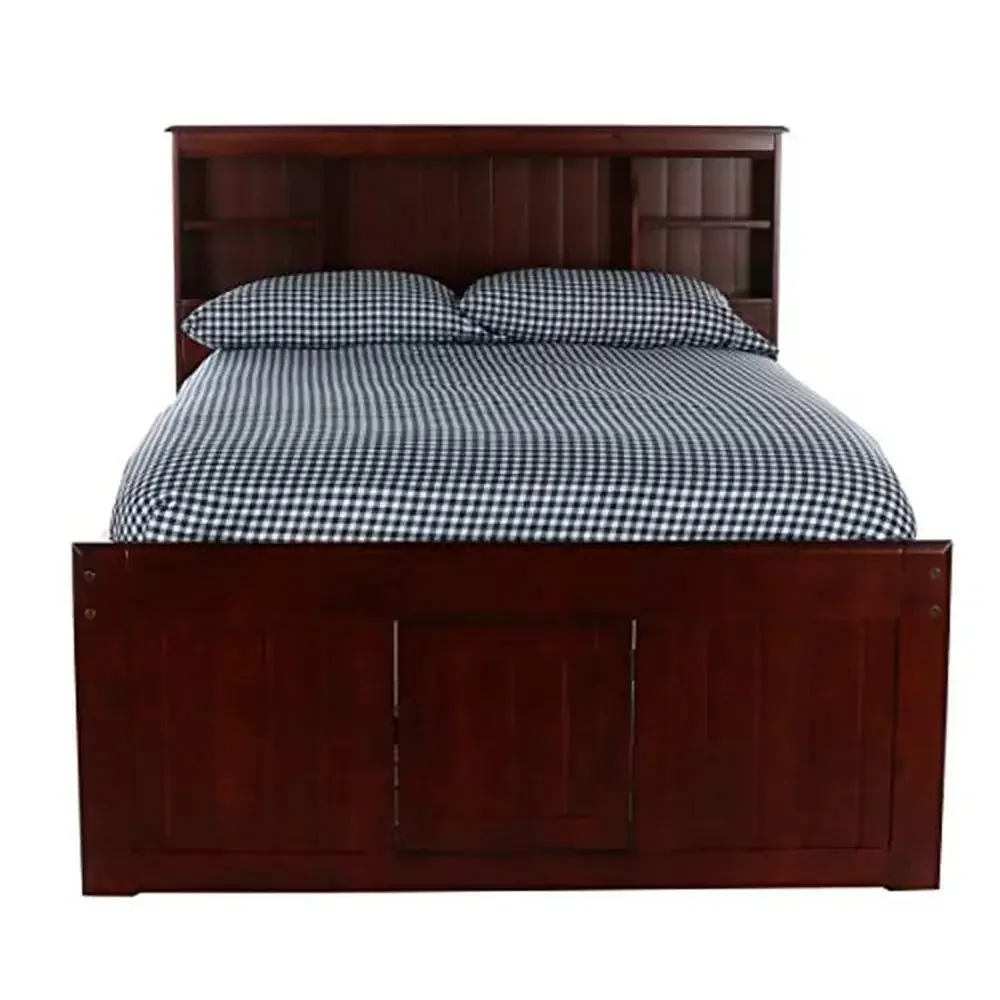 Full Pine Wood Bookcase Bed with 12 Drawers European Roller Glides No Box Spring Needed Hidden Storage Modern Style Full Size