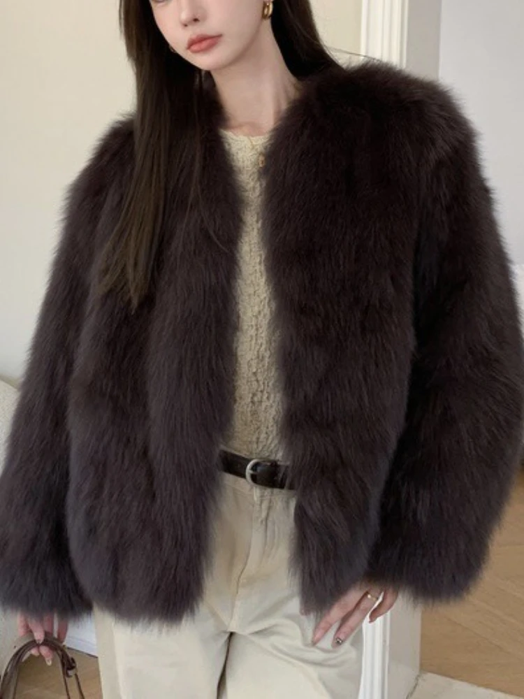 

Women's Clothing Slim Fur One Fox Fur Jacket V-neck High Grade Loose Casual Top Winter Solid Color Jacket New Furry Coat