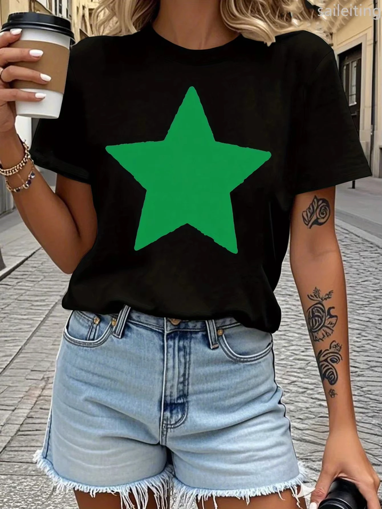 

Женская повседневная футболка с большим зеленым звездным рукавом в стиле Харадзюку, повседневная женская футболка, одежда, уличные топы, футболки, эстетичная одежда